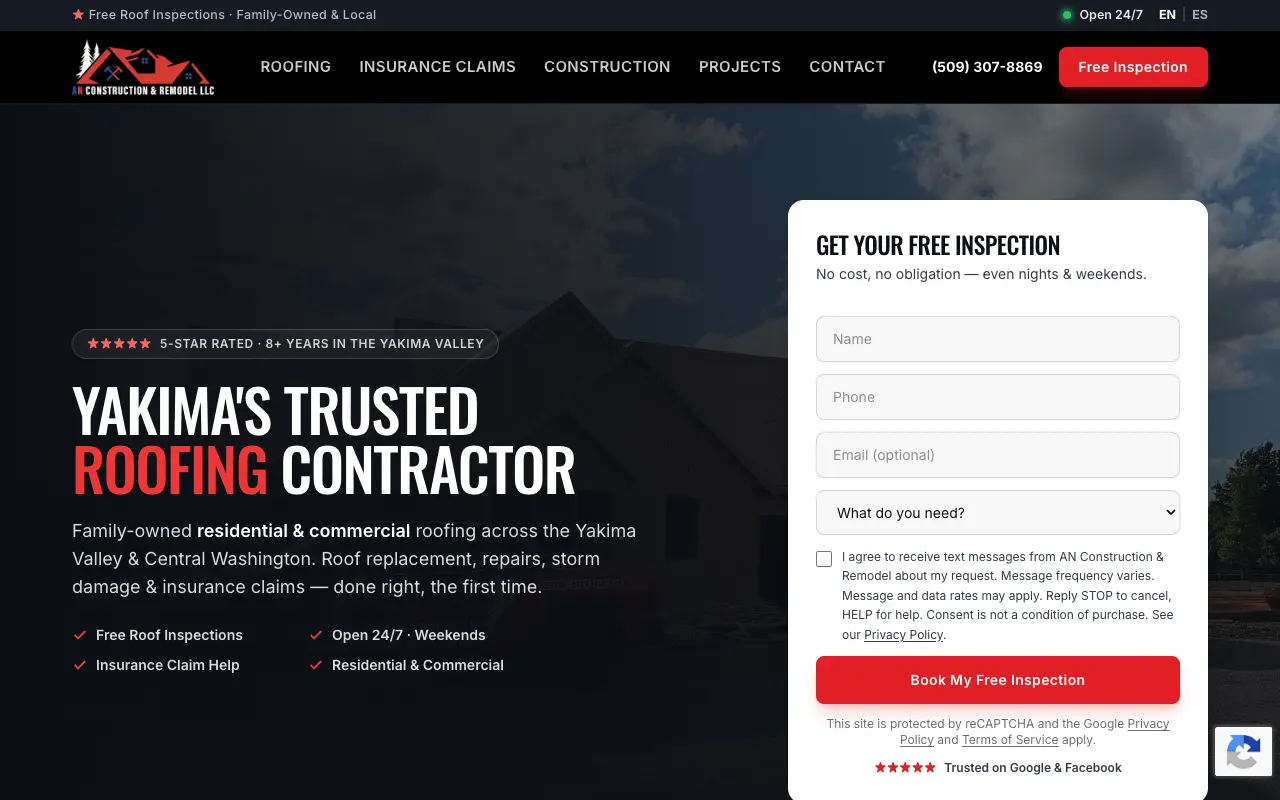 AN Construction & Remodel - Websites Project. Roofing contractor in the Yakima Valley: roof replacement, repairs, storm damage, and insurance claim help.