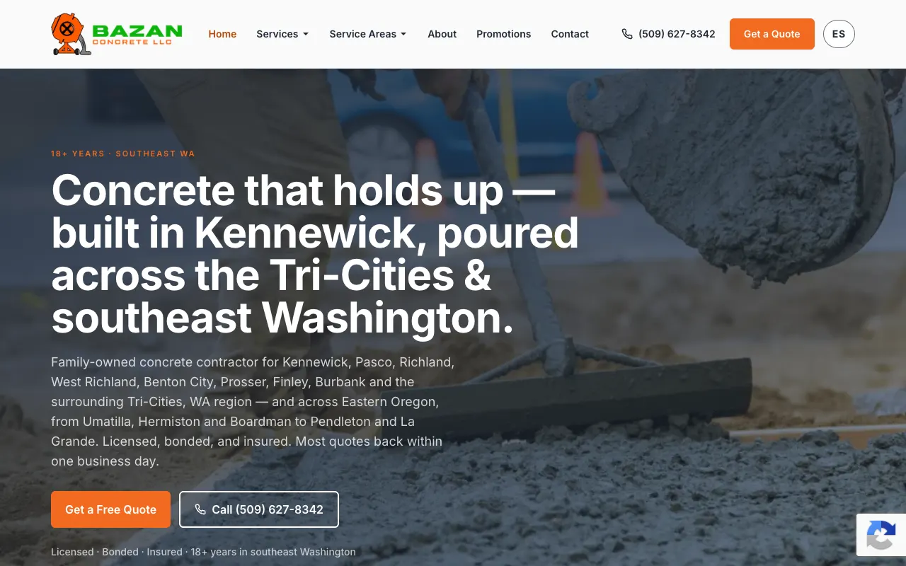 Bazan Concrete - Websites Project. Family-owned concrete contractor in Kennewick serving the Tri-Cities and Eastern Oregon.