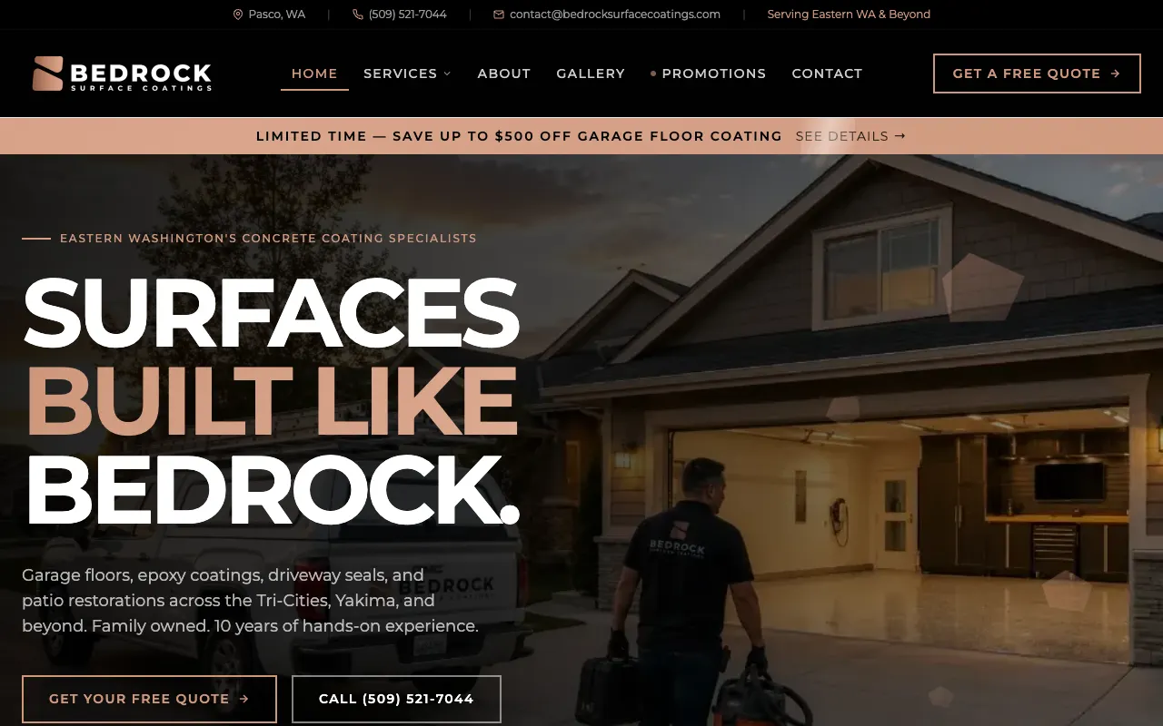 Bedrock Surface Coatings - Websites Project. Garage floor coatings, concrete coating, and driveway sealing across the Tri-Cities, Yakima, and Eastern Washington.