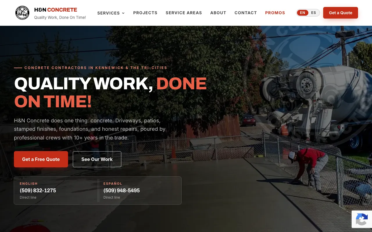 H&N Concrete - Websites Project. Concrete contractor in Kennewick: driveways, patios, stamped concrete, foundations, and repair, with quotes in English and Spanish.
